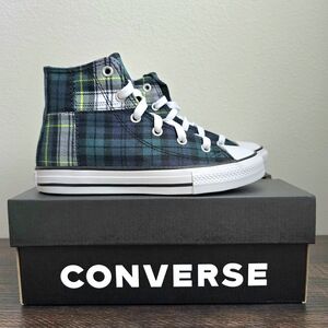 Converse Kids Chuck Taylor Plaid Luxe High Top Sneakers Green Blue Size 1 Youth